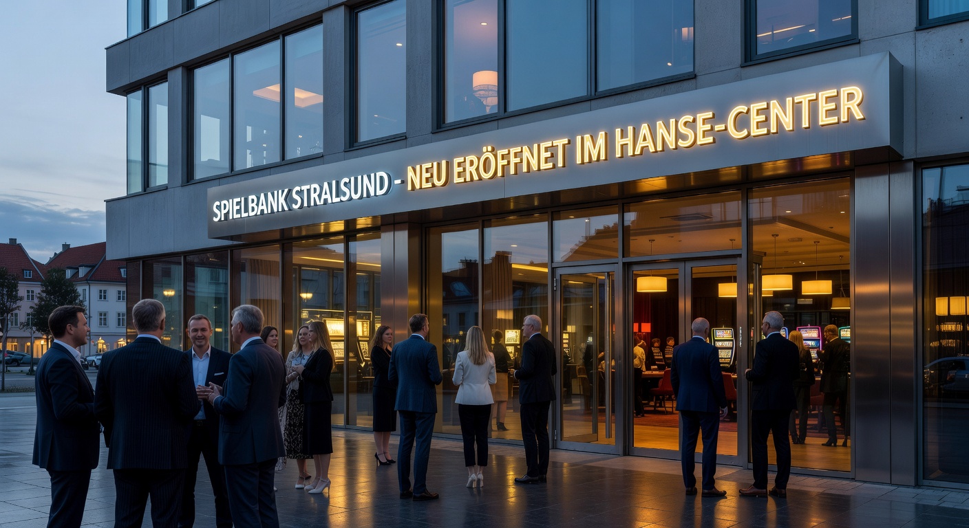 Moderne Automatenhalle in einer deutschen Spielbank mit leuchtenden Slotmaschinen