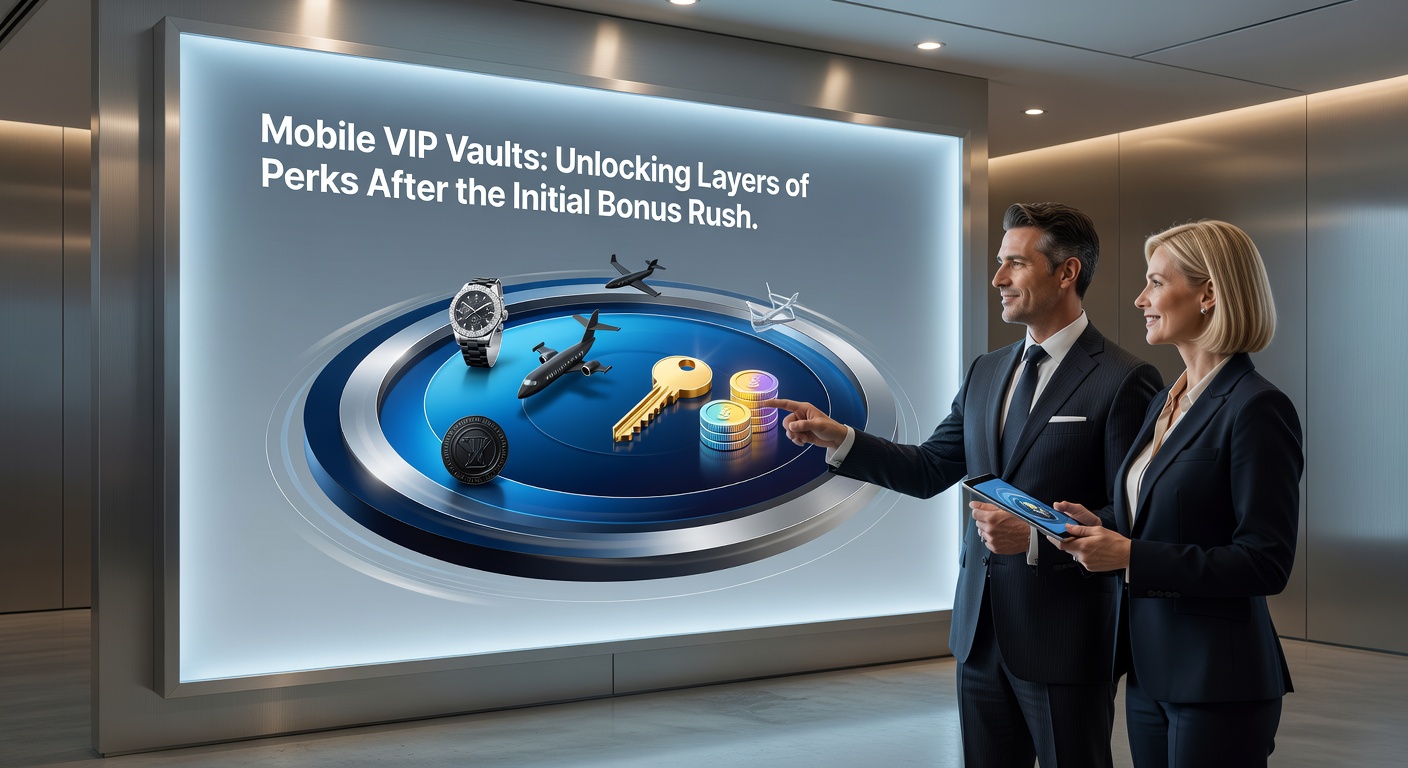 Detaillierte Darstellung eines VIP-Level-Systems in einer mobilen Casino-App mit schattierten Tresorschichten und Perk-Icons